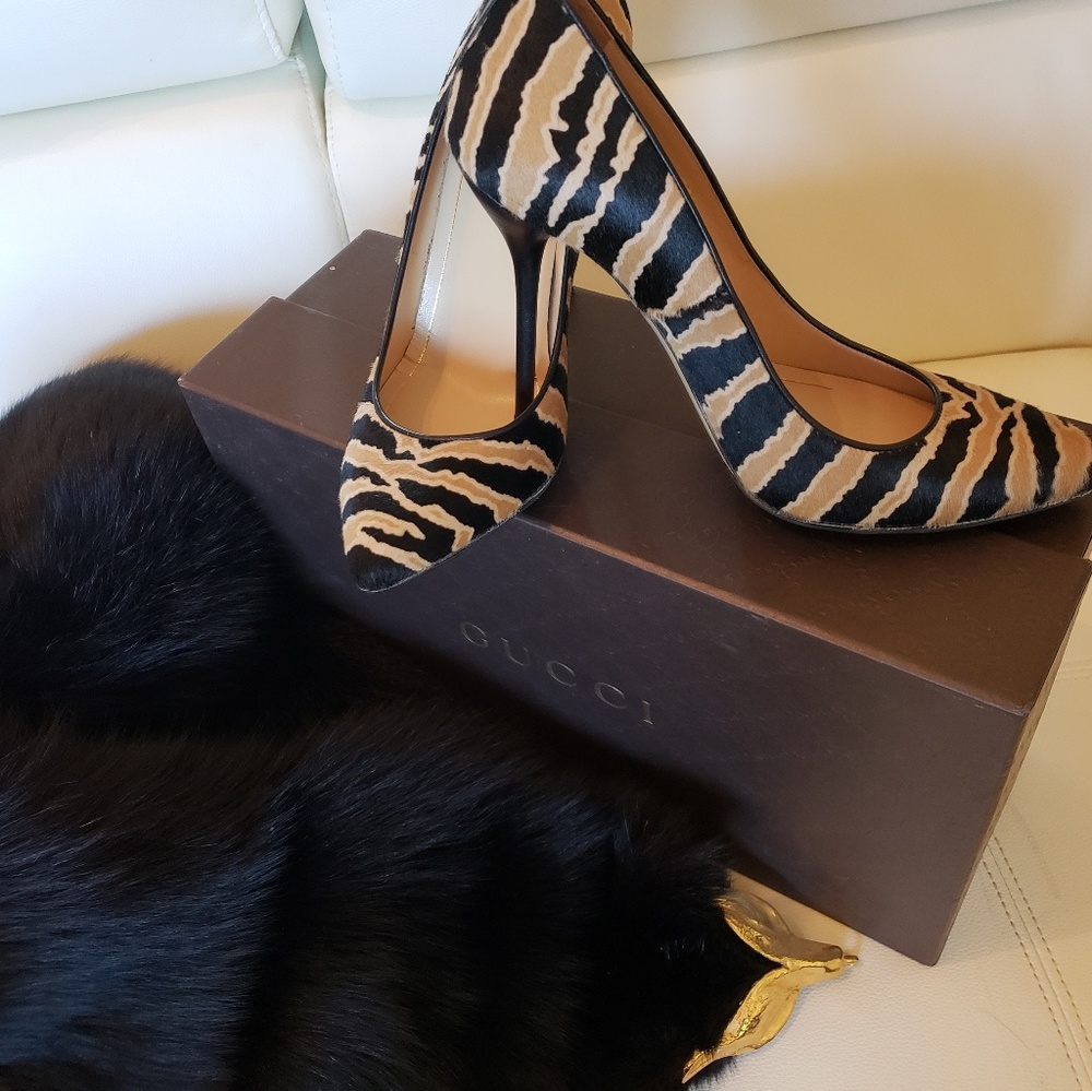 Gucci zebra print pony hair heels